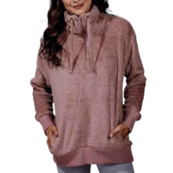 Sweaters - Cozy Sherpa Women’s Mauve Long Sleeves 1/4 Zip Pullover High Neck Fuzzy Fleece